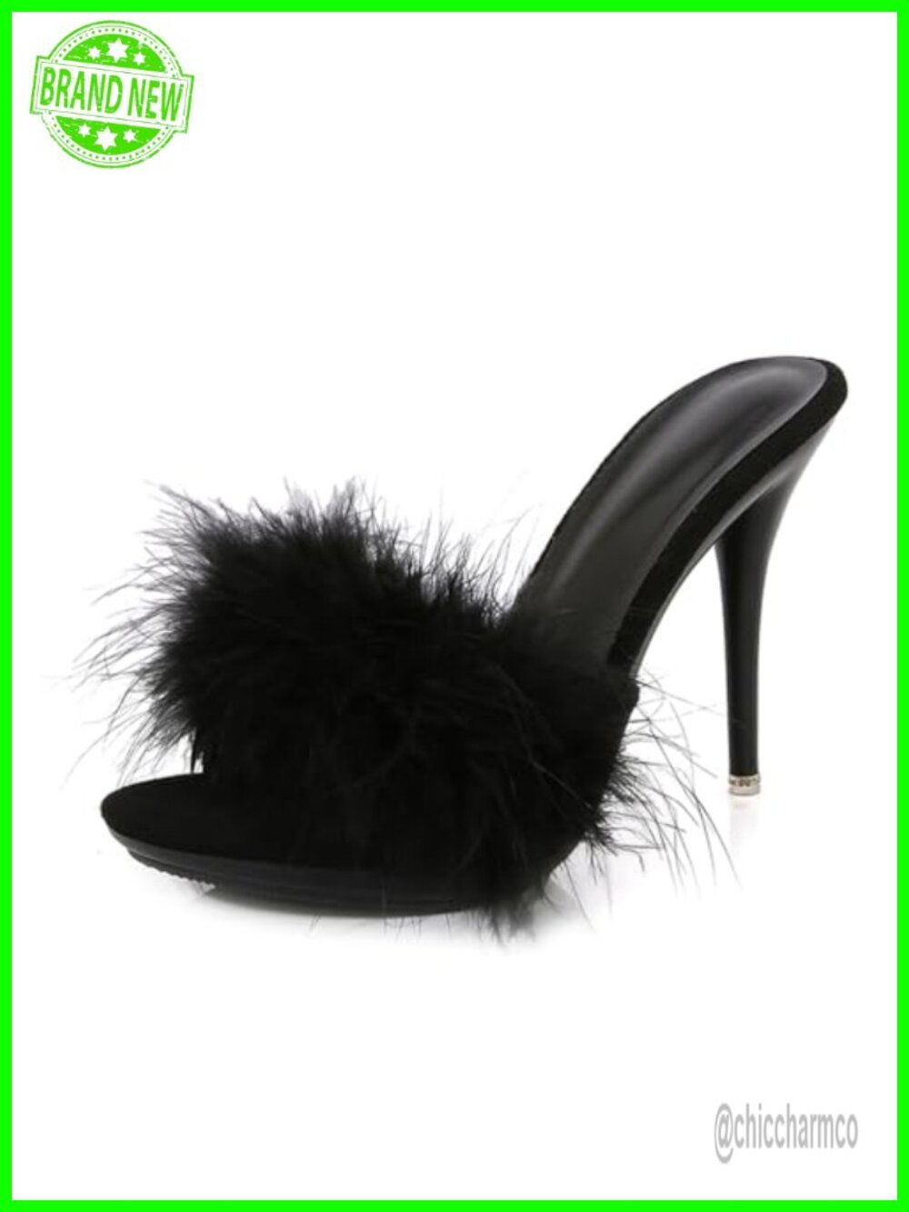 Feather Stiletto Prom Sandals Round Toe Fluffy Fur Super High Heels Slip On